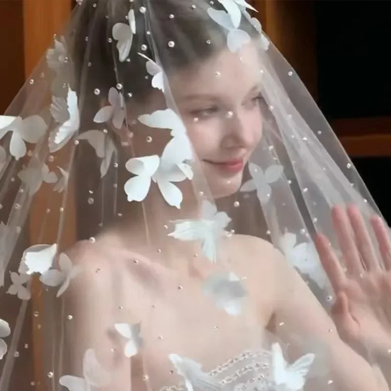 White Butterfly Veil Women Bride Pearl Long Trailing Wedding Veil Party Accessories 3D Flowers Bridal Veils for Wedding Dress