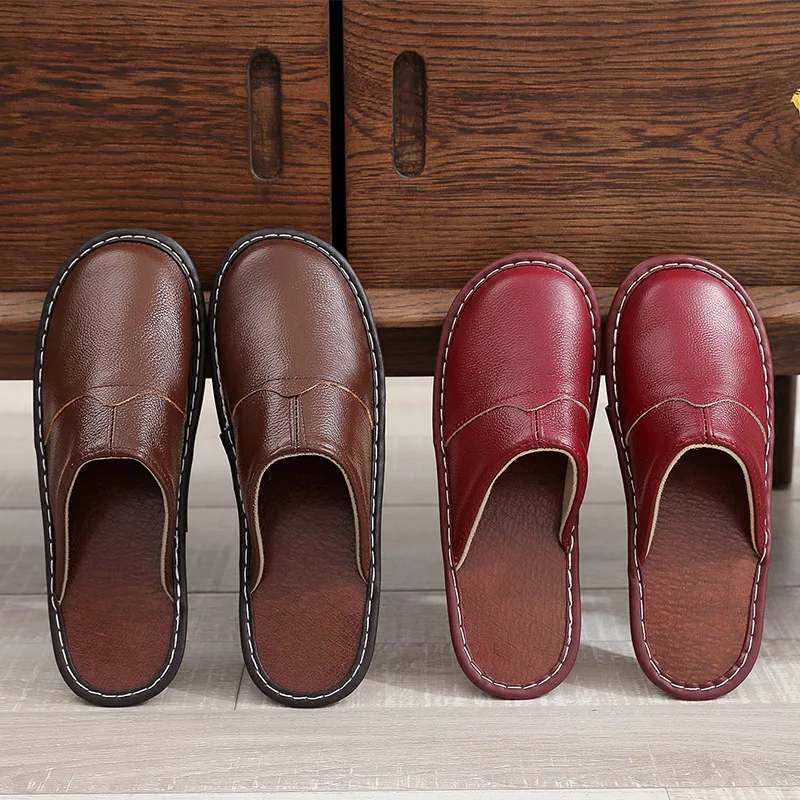 Genuine Leather Slippers All Seasons Men's Autumn Winter Room Slides Shoes Home Concise Couple Slippers Man Indoor Scuff Shoes