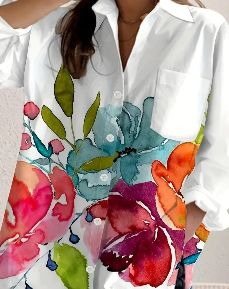 

Women's Floral Print Long Sleeve Casual Shirt With Pockets, Polyester Button- Collar Shirt Suitable