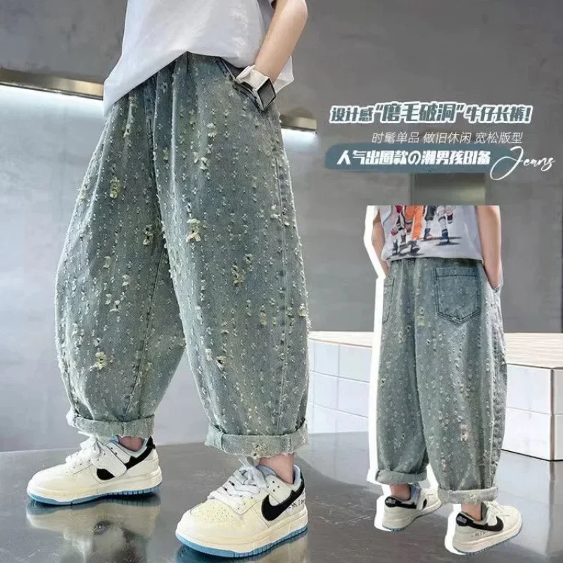 New 2025 Boys Fashion Jeans Long Trousers Child Classic Ripped Loose Denim Pants Teen Spring Autumn Casual Clothing for 2-10T