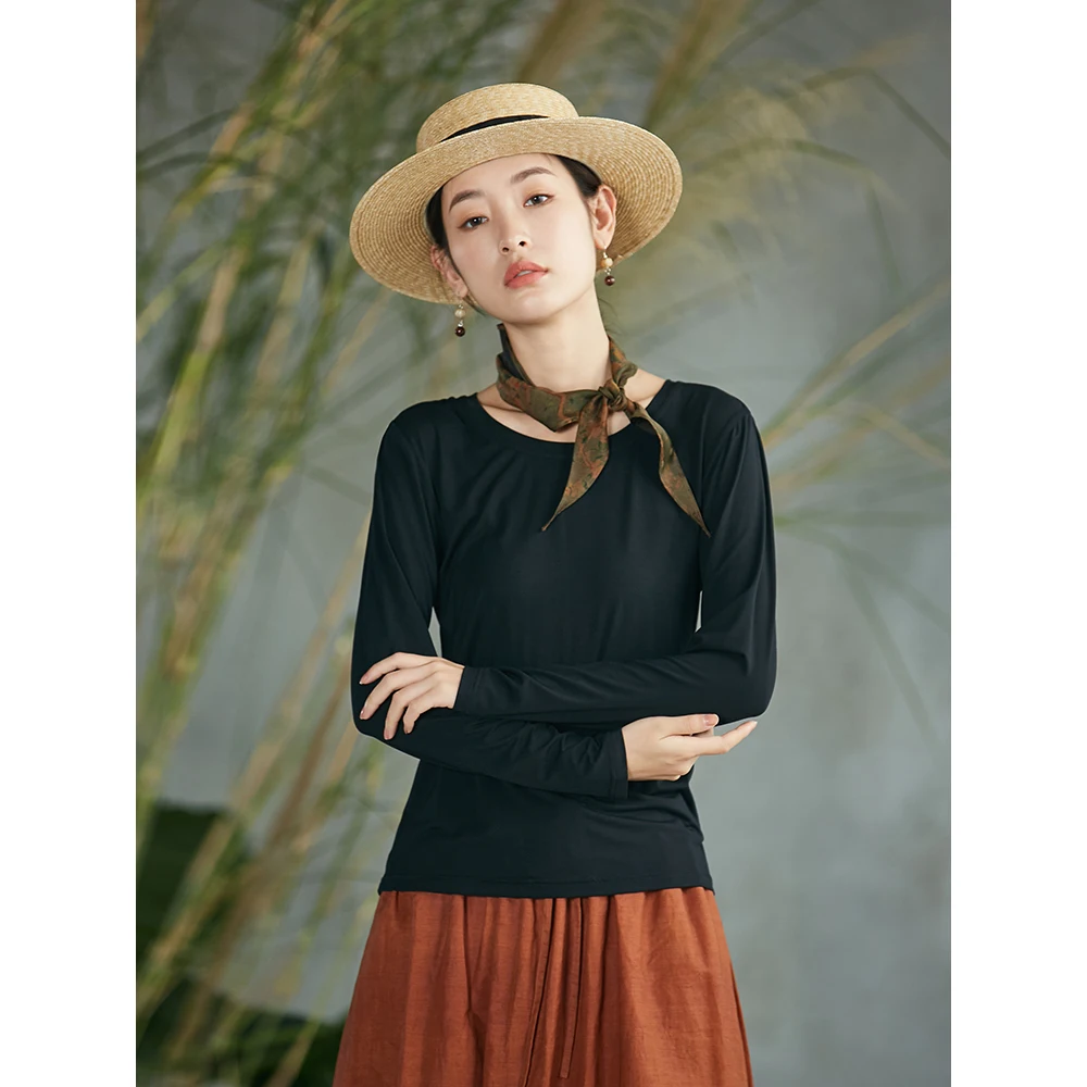 

Удобная футболка Long Sve round Ne Modal Thank You Edition Zhi Pu Jixing Commute Sle Slim Fit Pure Color Осенняя новинка