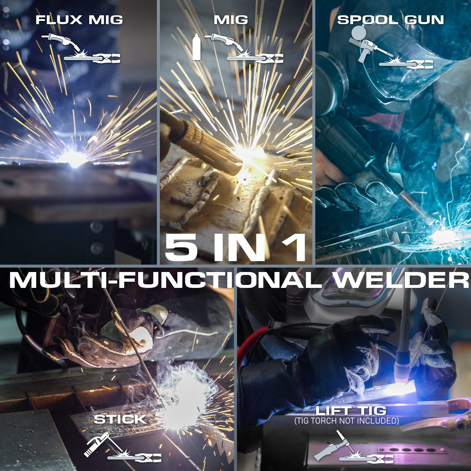 200A 110/220V 5-in-1 MIG Welder with Aluminum Spool Gun,Flux Core & Lift TIG, IGBT Synergic, Digital Display,Overload Protection