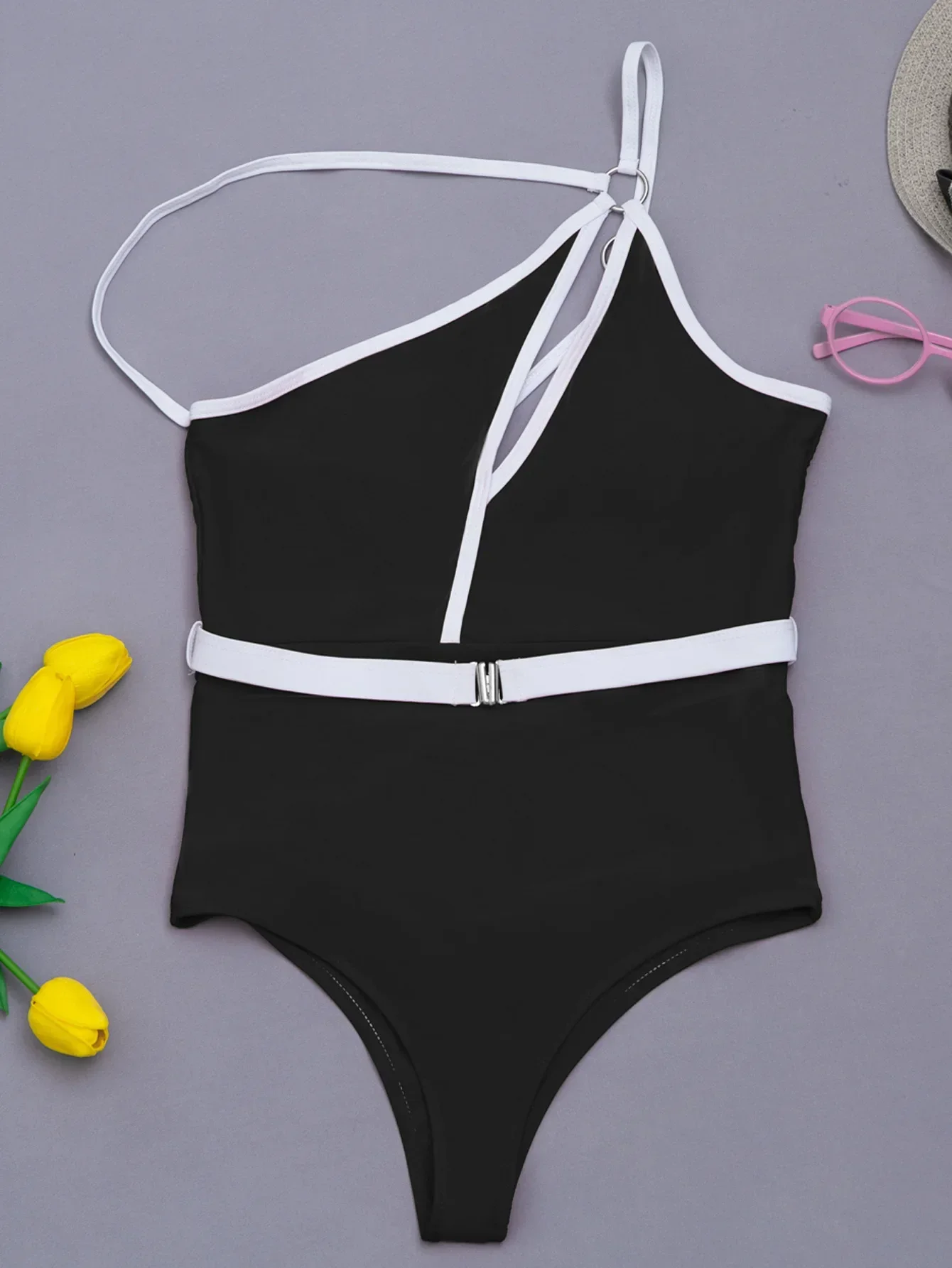 sexy een schouder badpak bikini's een stuk uitgesneden metalen ring bikini zomer backless bodysuits badmode biquini tankini mujer