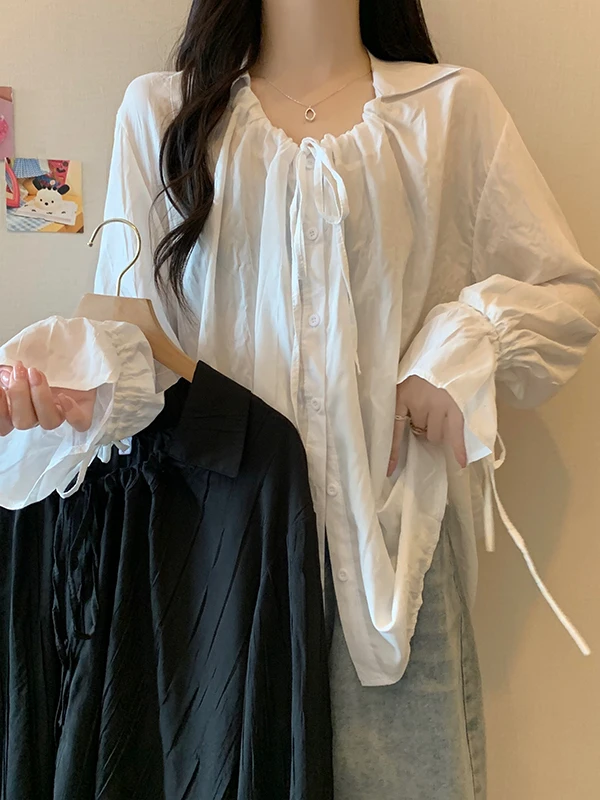 

plus Size Women's Gentle Style Long Sleeve Shirt Spring New Loose Slimming Design Drawstring Top Korean Style Bell Sleeve