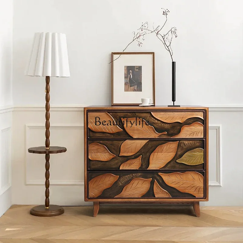 Log wind retro art chest three drawers ash wood relief maple leaf locker