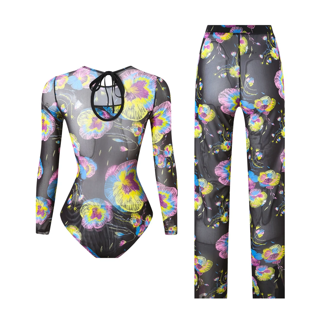 S - XXL Neuer bedruckter Badeanzug mit langen Ärmeln und Hose, einteiliger Damen-Badeanzug, floraler, gepolsterter Badeanzug, Badebekleidung, Modell V7176 – Detail 32