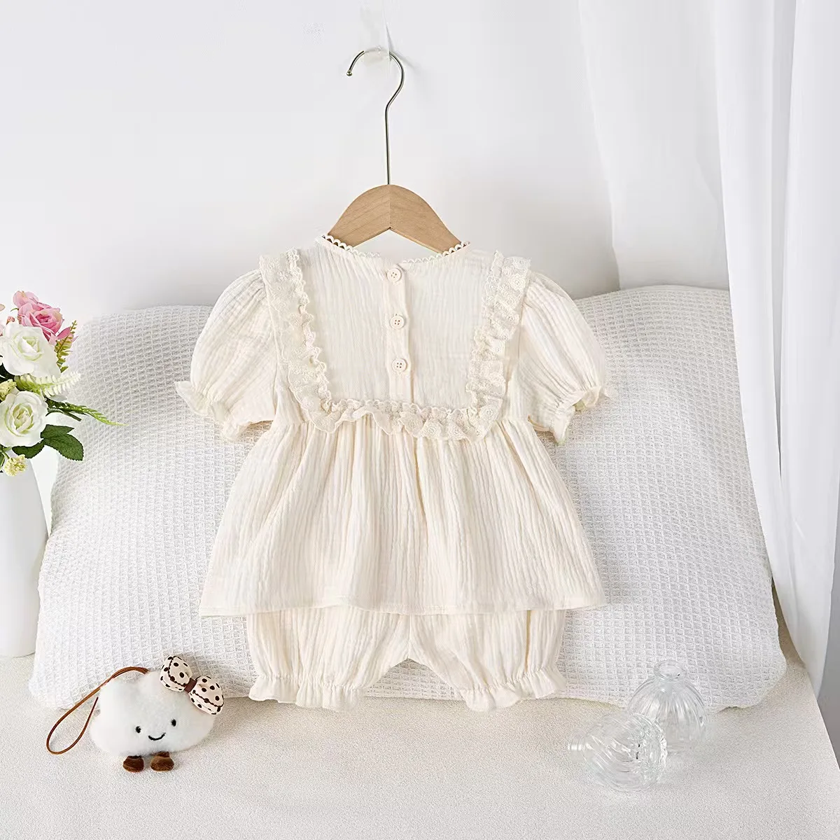 Summer 2026 Baby Short Sleeve Set, INS Stylish Lace Ruffled Breathable Fabric Sweet Top and Shorts Two-Piece Set