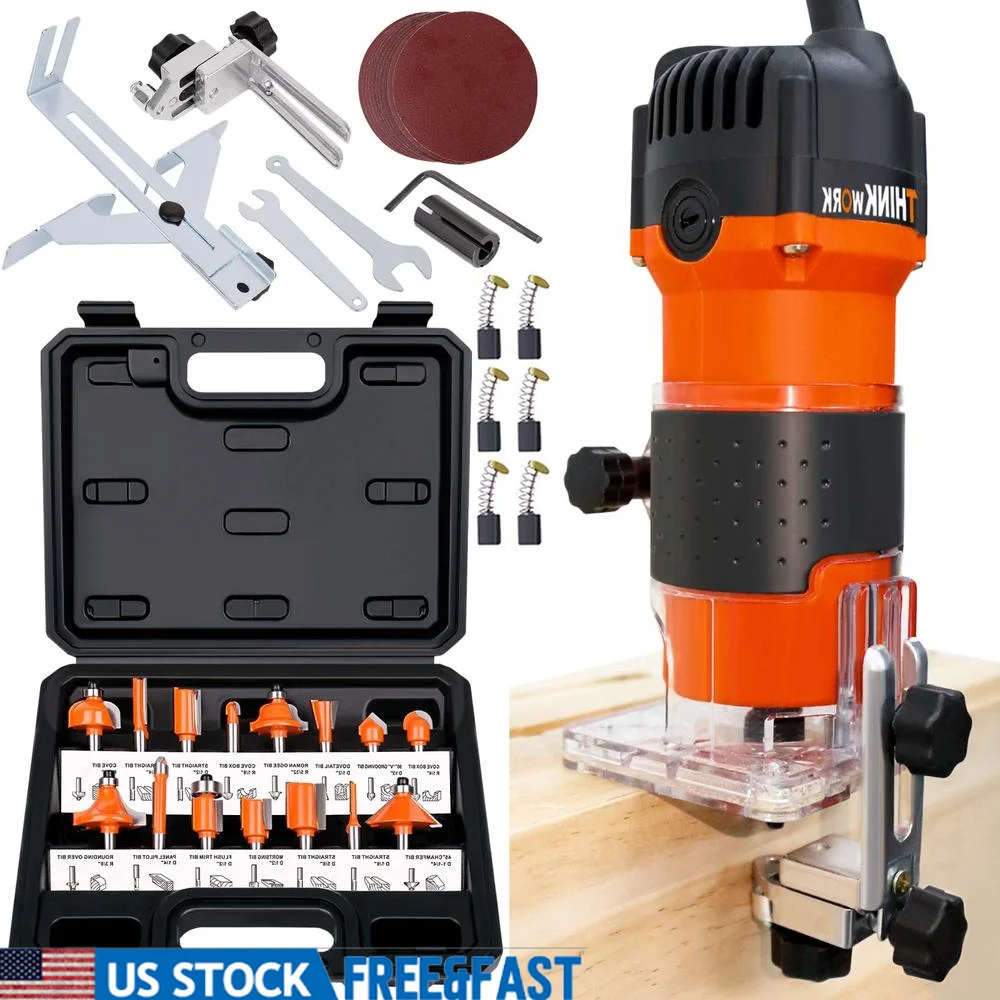 Compact Wood Router 1.25HP Palm Trimmer 6.5A 15pc 1/4" Bits Set 30000RPM