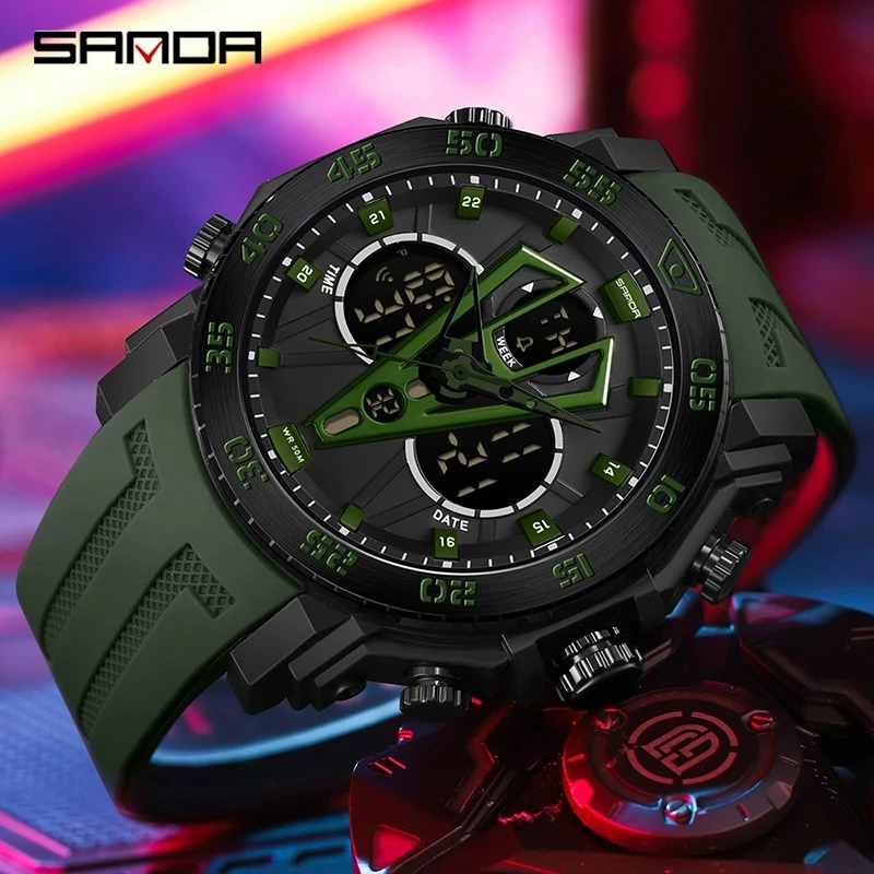 Fashion Sanda 6105 Top Brand Luxury Men Military Army Waterproof Sport Wristwatch Dual Display Watch Led Male Relogio Masculino