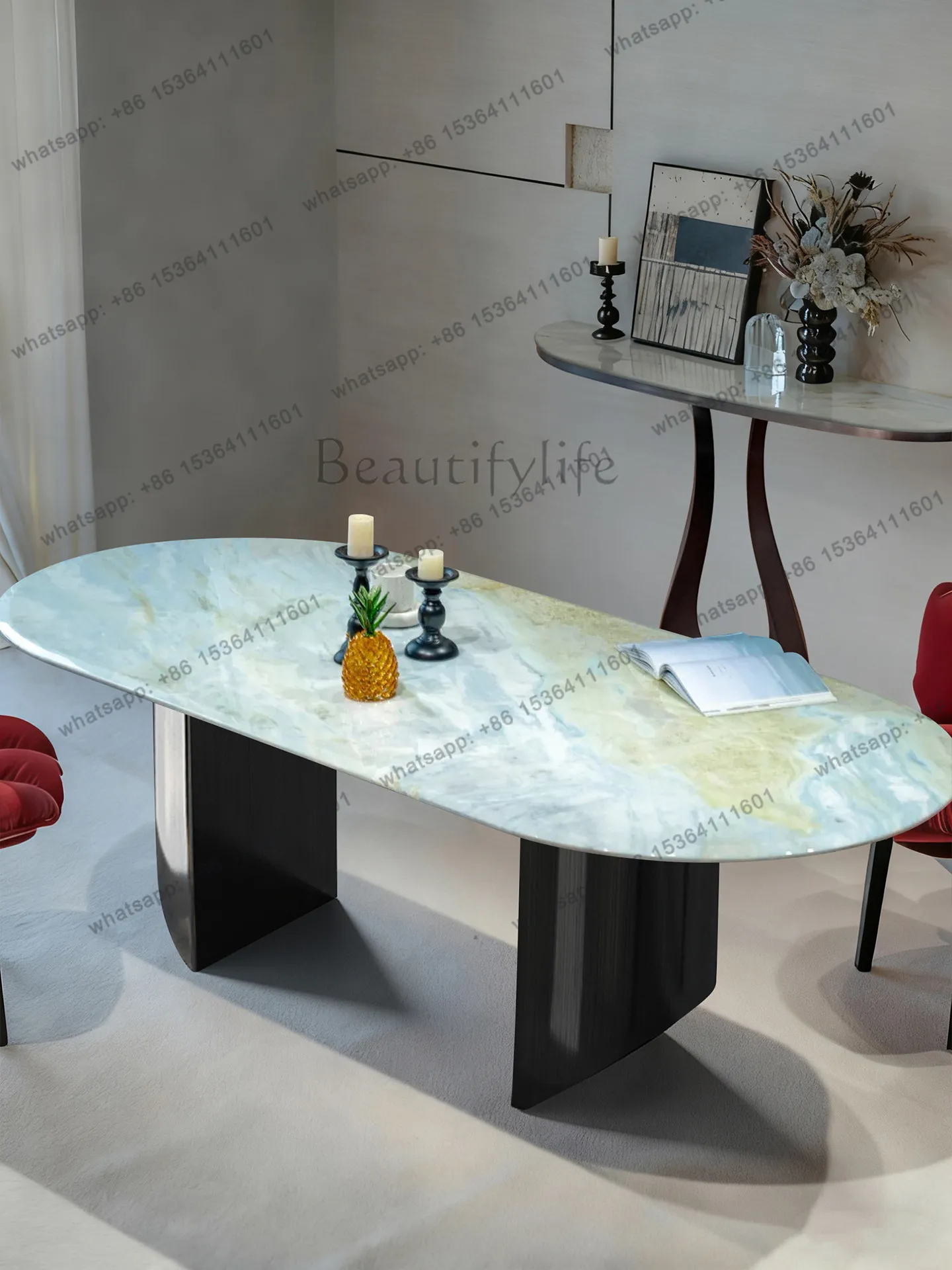 

Natural blue luxury stone dining table Italian minimalist light luxury household dining table