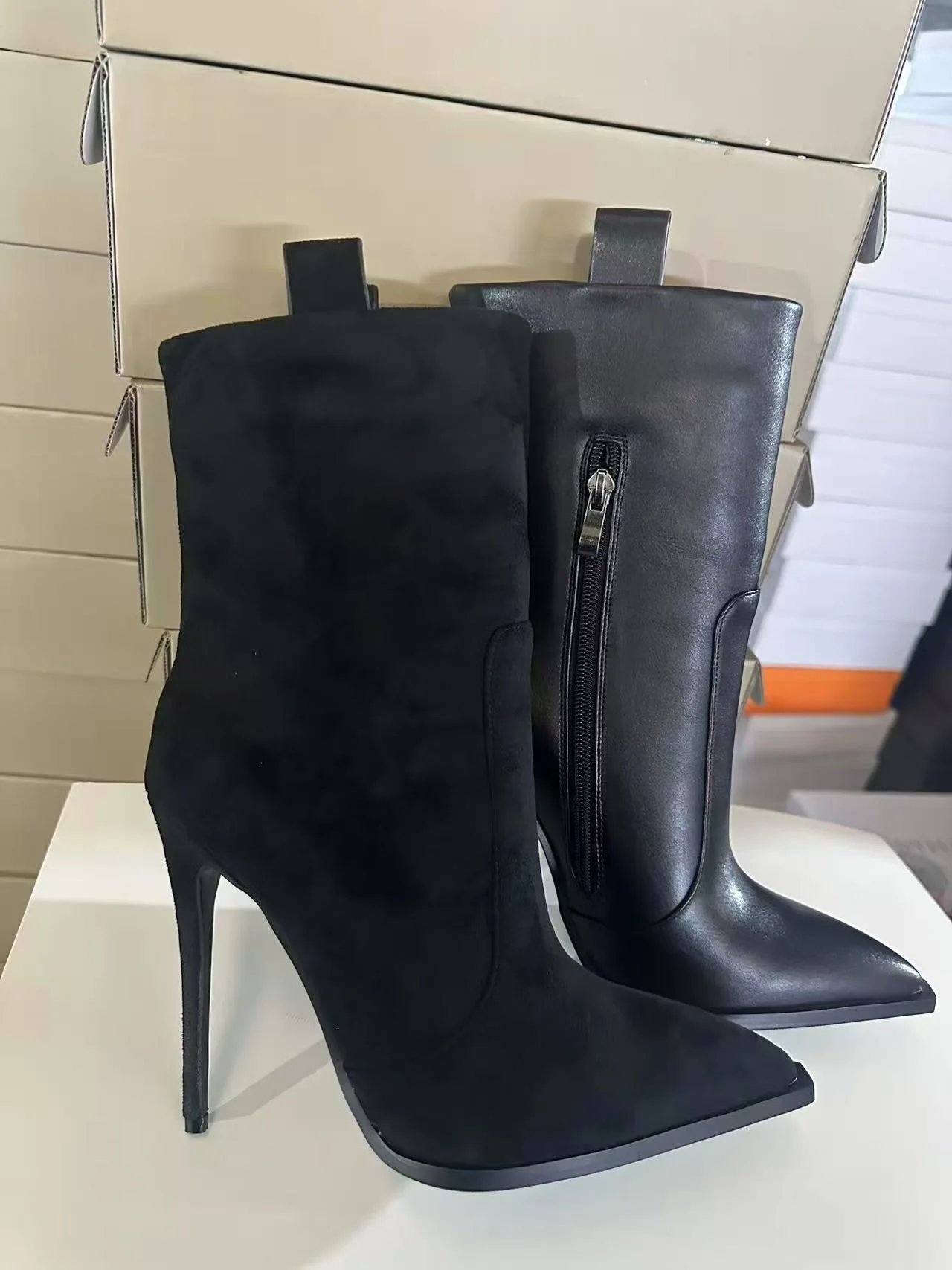 Spring/Autumn Women Black Leather Suede Ankle Boots Stiletto High Heel Pointed Toe Side Zipper Fashion Sexy Elegant Short Boots
