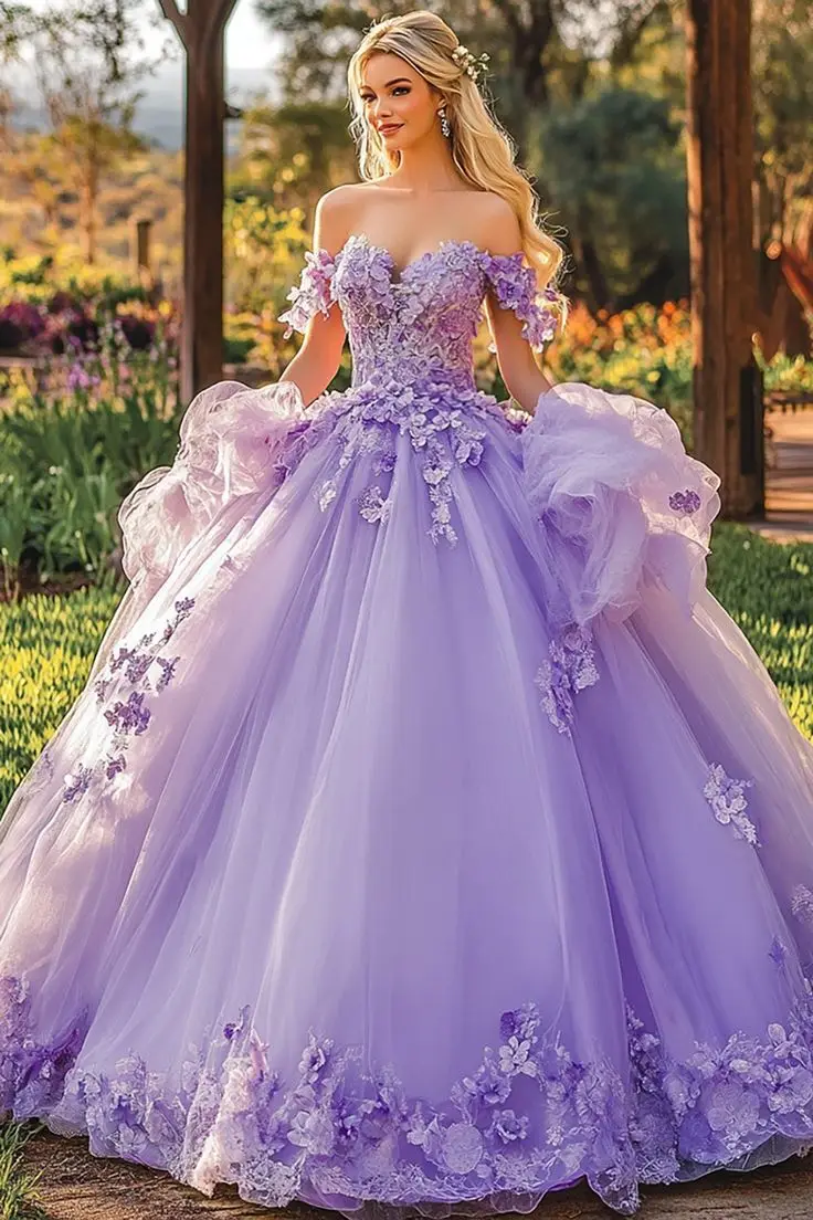 

Сиреневые платья Quinceanera с открытыми плечами 15 Бутик с 3D цветочной аппликацией Платье принцессы Sweet 16, длинное тюлевое платье для выпускного вечера, дня рождения