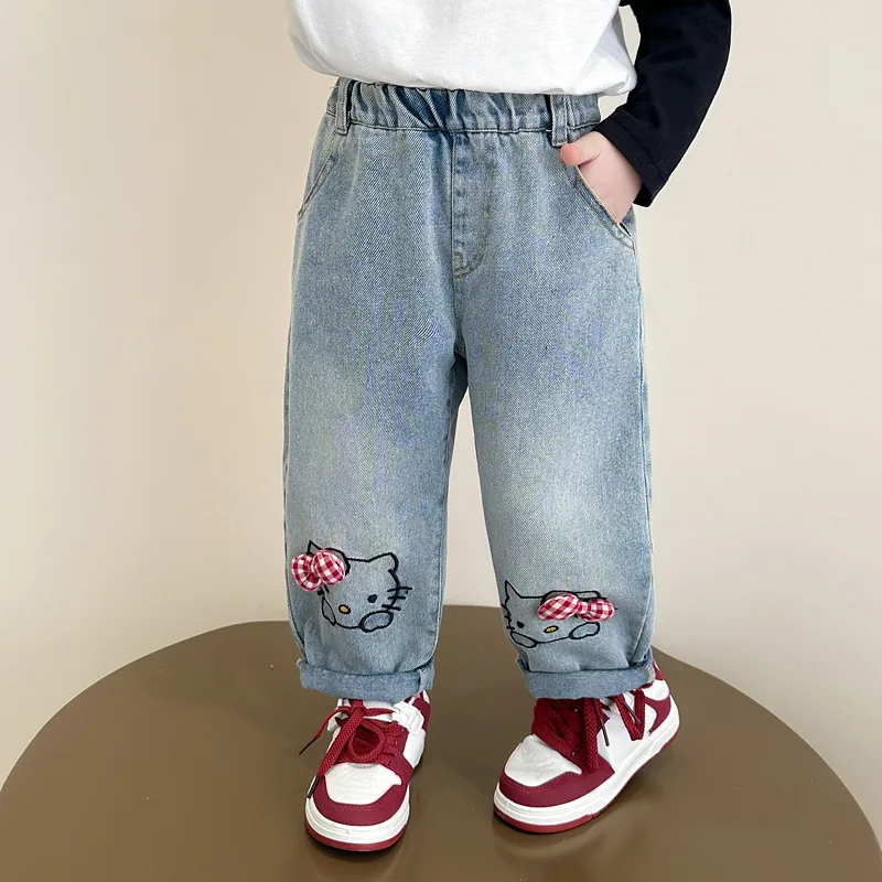 

Girls' Jeans Spring Autumn 2025 New Style Children's Fashion Elastic Waist Pants Cute Cartoon HelloKitty Cat Straight Leg Pants