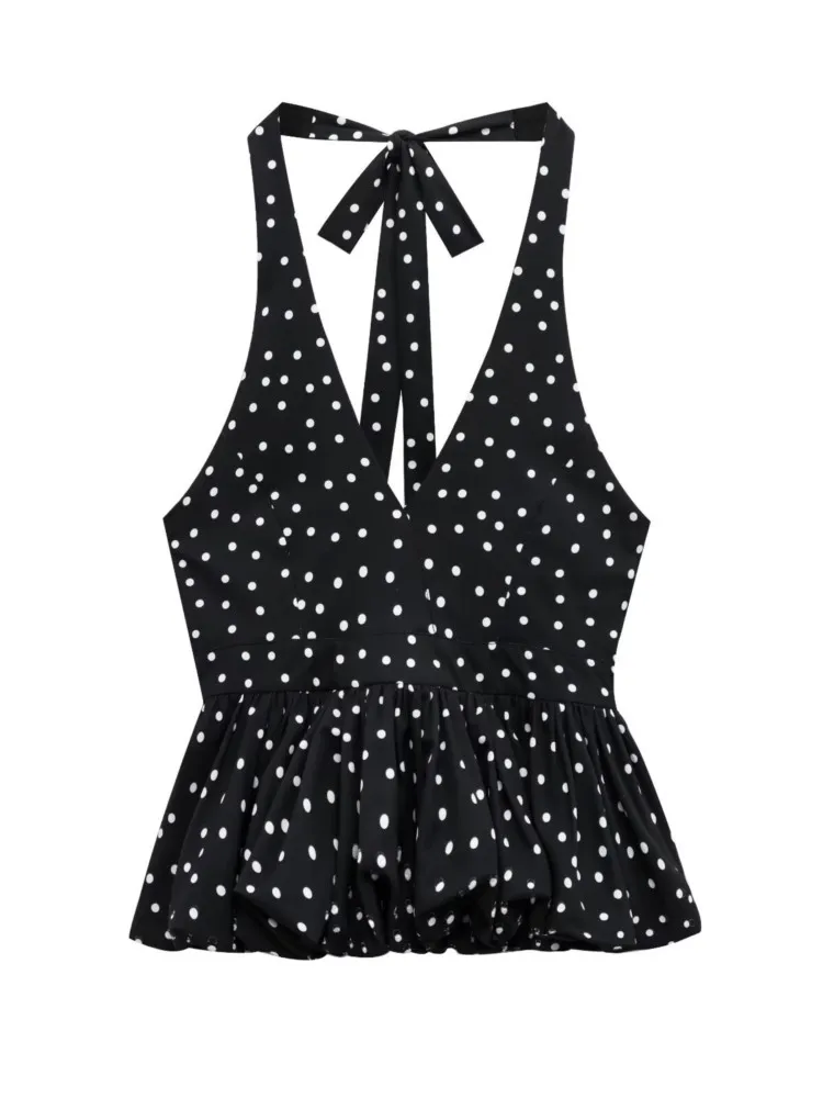 

2025 French Fashion Elegant Polka Dot Butterfly Knot Neck Hanging Vest Women Summer Irregular Backless Slim Sleeveless Strap Top