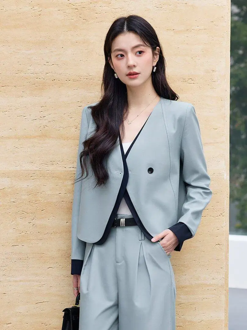 

Elegant Cherry Blossom Color Suit Set for Women Casual Short Wide Leg Pants Two Piece Korean Style Slim Fit Long Sleeve Suit