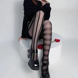 Stripe Asymmetric Tights Women's Pantyhose High Elasticity Lace Hollow Fishnet Sexy Stockings Classic Ladies Gothic Pantyhose