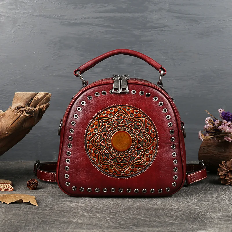 Johnature Retro Totem borsa da donna 2024 nuova borsa portatile originale in vera pelle borsa a tracolla zaino in pelle bovina naturale