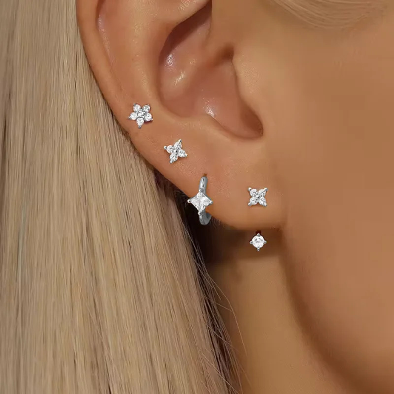 4PCS Zirkon Herz Mond Blume Kleine Hoop Ohrringe Set Für Frauen Edelstahl Huggies Anhänger Piercing Ohrringe Schmuck Aretes