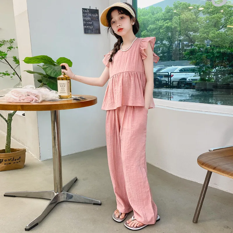 

Girls Suits Fancy Flying Sleeve 2024 New Children Summer Thin Wide-leg Pants Two-piece Set Little Girl Clothes Simple Casual