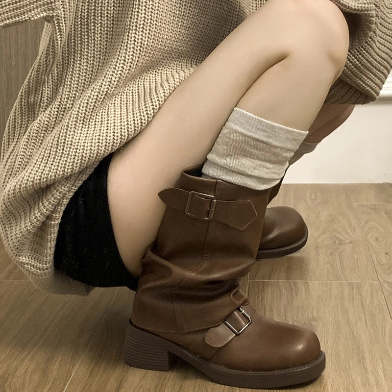 2024 Fashion Round Toe Ladies Elegant Pipe Short Boot Shoes Women\'s Footwear Heeled Comfortable Winter New Woman Biker Boots