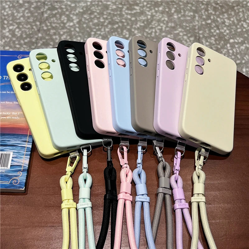 

Shockproof Soft Liquid Silicone Phone Case For Samsung Galaxy S25 Plus S25 Ultra, Skin Fleece Camera Protective Cover Lanyard