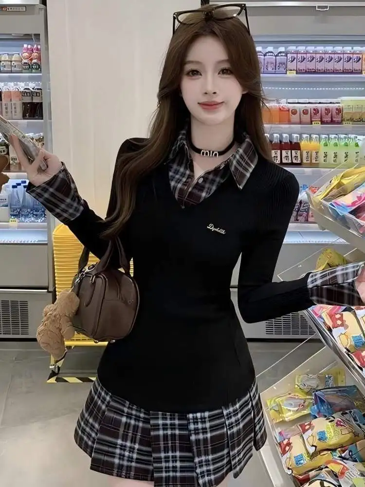 Korean Style Slim Fit  Collar A-Line Shirt Dress Women's Sweet Plaid Splicing Pleated Dress Long Sleeve Printed Fabric