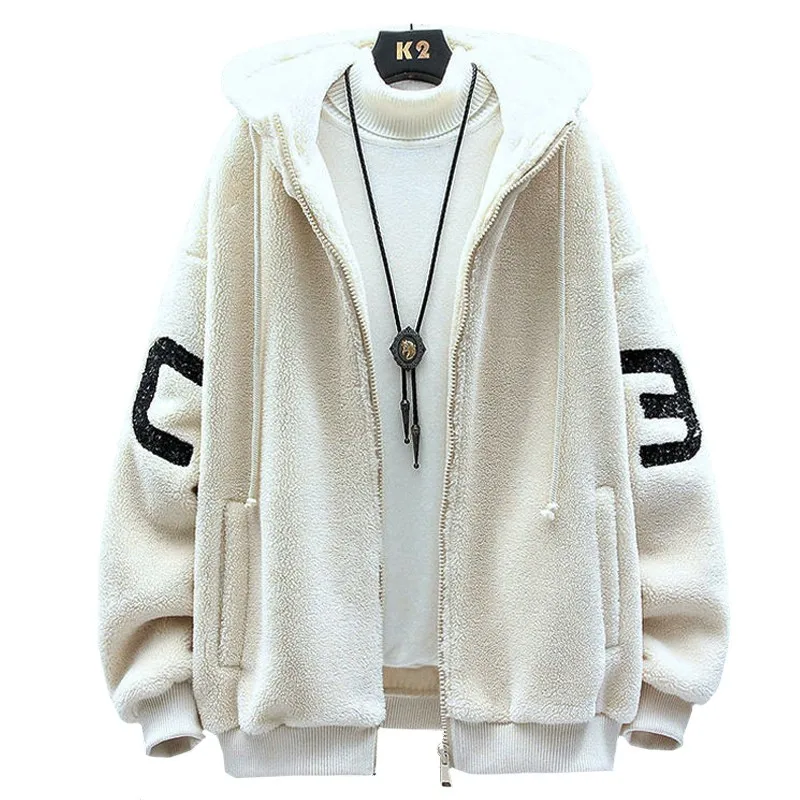 

High Quality Male Zipper Keep Warm Lamb Fleece Winter Hoodies Light Apricot Embroidered Letters Coat Fashion Sweatshirt Man New