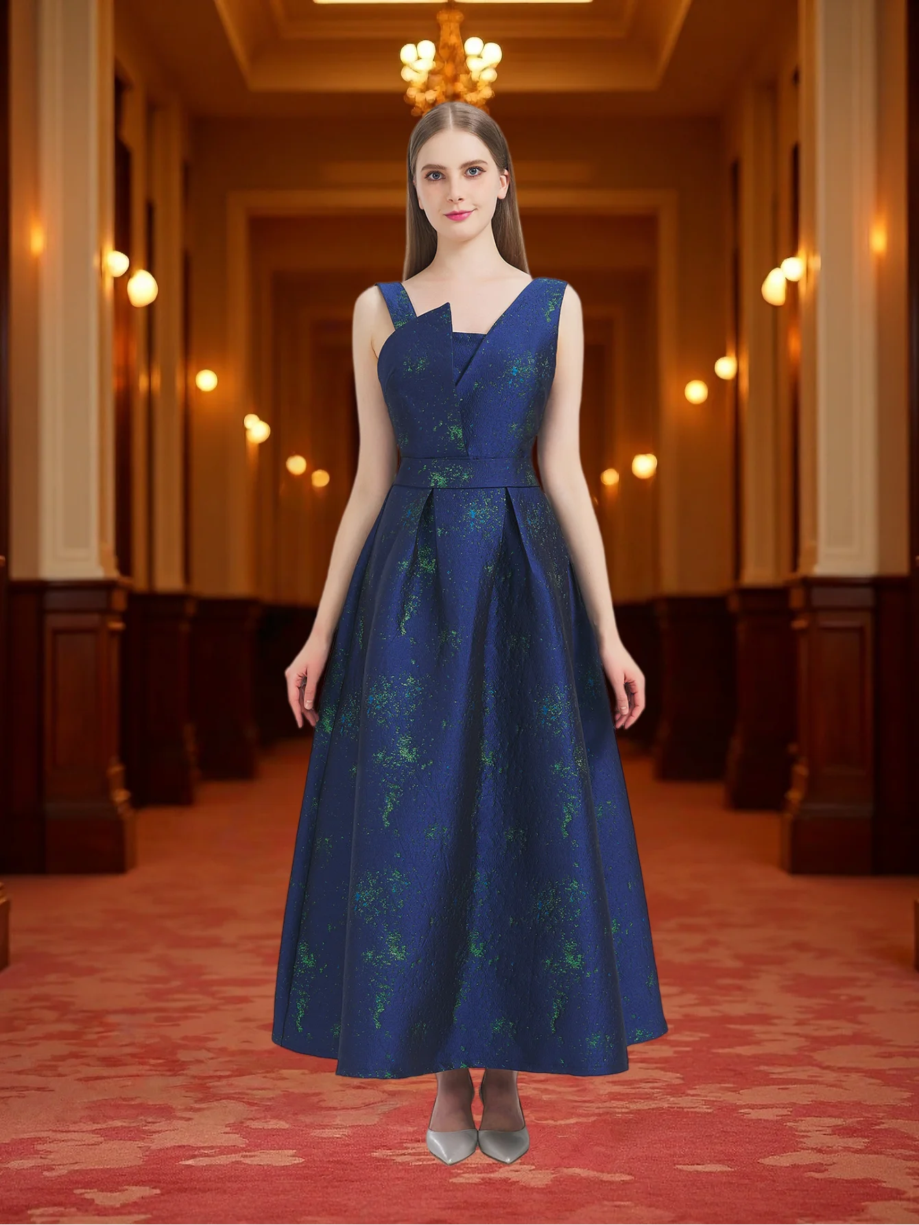 

Luxurious Navy Blue Starry-Textured Sleeveless Evening Gown with Asymmetric V-Neck and Open Back
