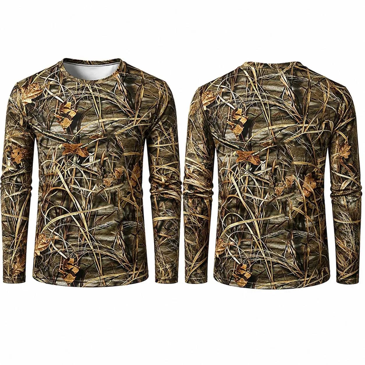 Men Quick Dry Camo Long Sleeve Tee 3D Tree Bark Reed Leaf Bionic Camouflage T-Shirt Outdoor Hunting Fishing Hiking Tactical Top