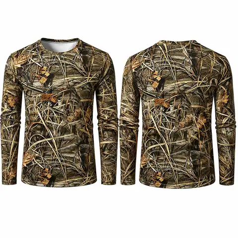 Men Quick Dry Camo Long Sleeve Tee 3D Tree Bark Reed Leaf Bionic Camouflage T-Shirt Outdoor Hunting Fishing Hiking Tactical Top