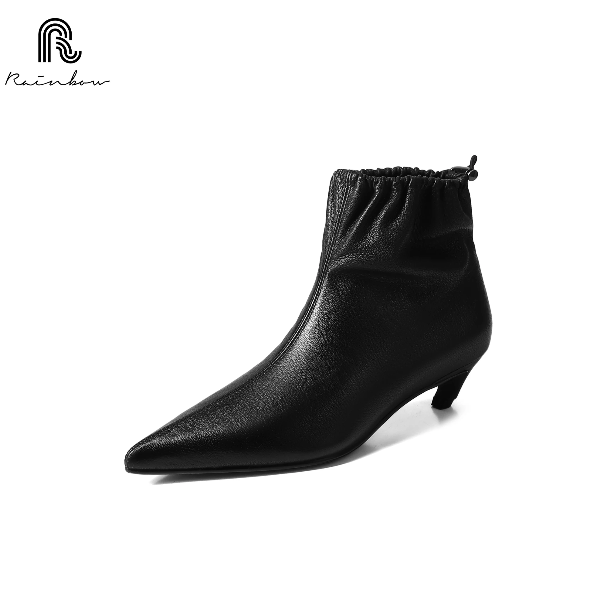 

RAINBOW Elastic Band Drawstring Ankle Boots Pointed Toe Stiletto Pleated Splicing Booty Runway Show Retro Luxury Genuine Leather