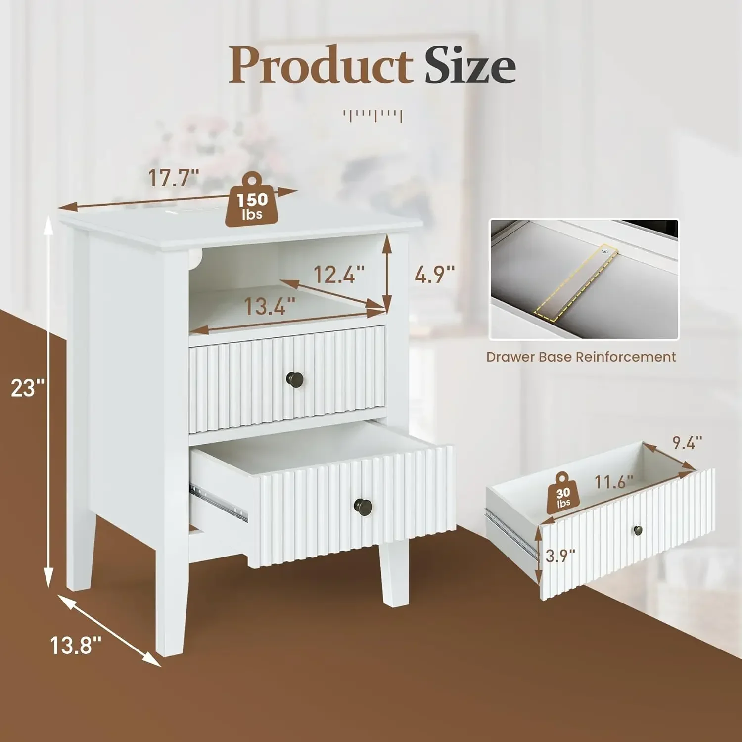 Nightstand Set of 2 with Charging Station End Table with 2  Slide Drawers & Storage Shelf, Modern Wood NightStand Cabinet image 2