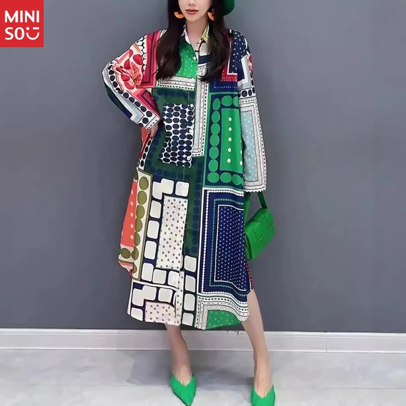 

Miniso 2025 Shirt Dress | Women's Loose Fit Printed Dress, Fashion Long Sleeve