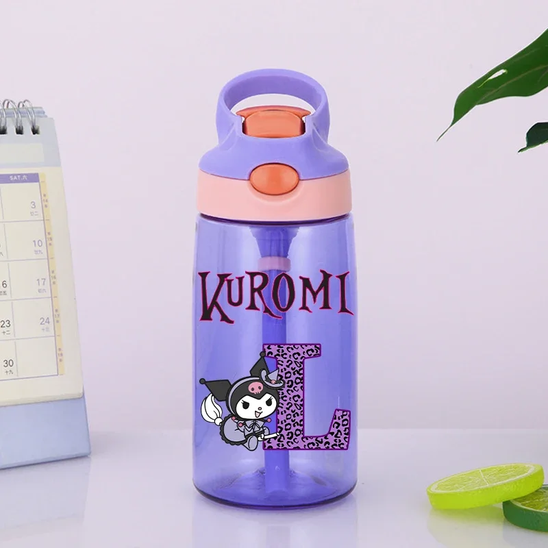 Kuromis Water Bottle with Straw Kids Kawaii Letter A-Z Sippy Cup Children School Outdoor Sports Plastic Mug Girls Birthday Gift