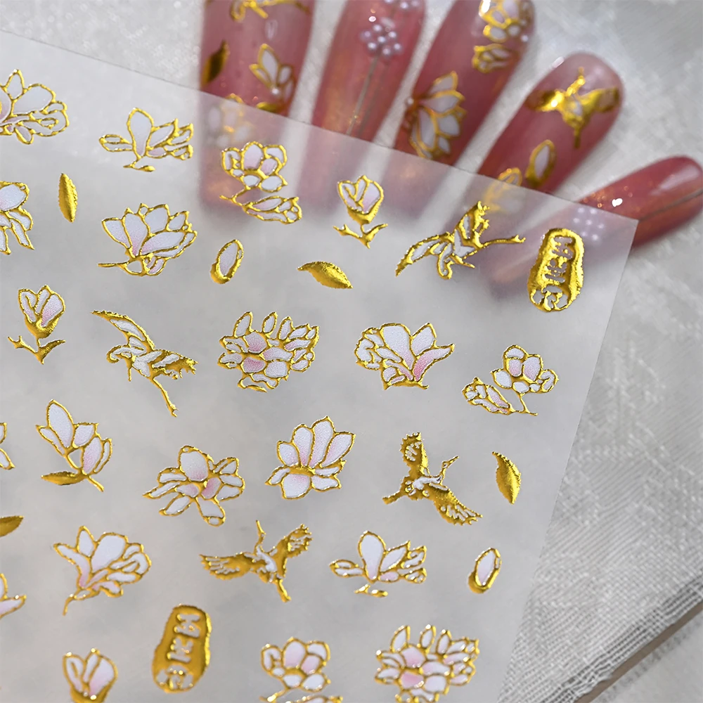 5D ゴールデンゴッドディアムーン縁起の良い雲ネイルステッカー牡丹の花鶴ゴージャスな中国風ネイルデカール DIY マニキュア用品