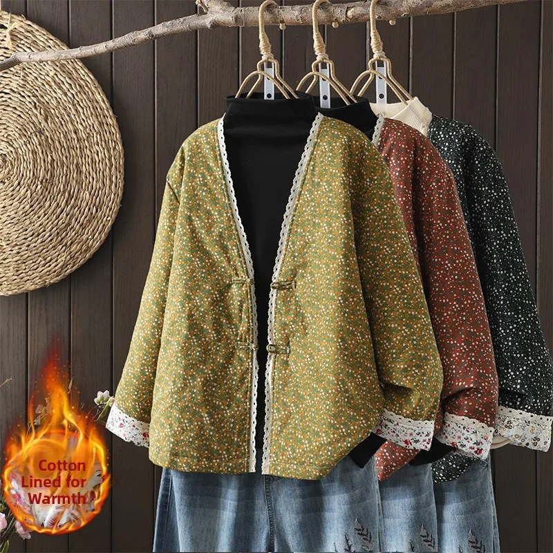 

Элитная омолаживающая женская зимняя куртка из хлопка и льна с V-образным вырезом, в китайском цветочном стиле, свободного кроя, в художественном ретро-стиле, с длинными рукавами, утепленная