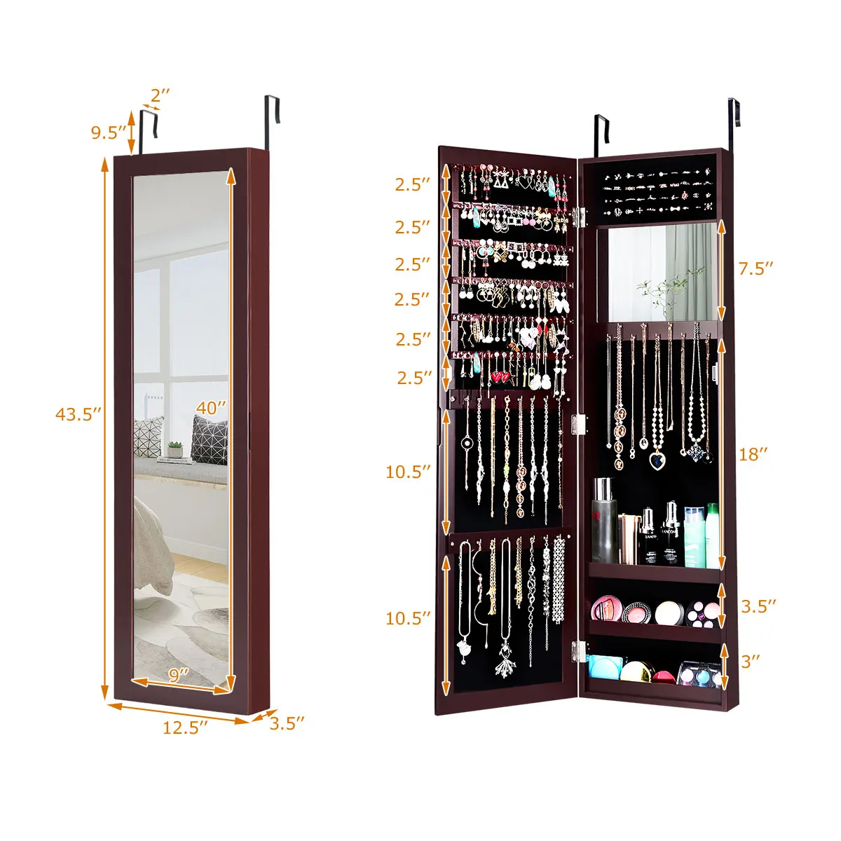 Mirrored Jewelry Cabinet Armoire Storage Organizer Wall Door Mounted Brown New