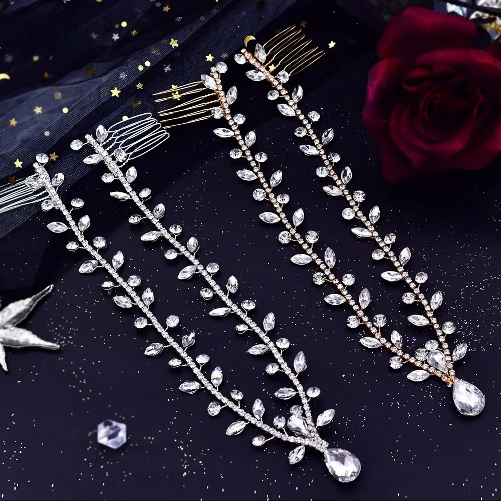 Diadema de hada para la frente con peines, gota de agua, cristal, diamantes de imitación, brillo frontal, joyería para la cara, adorno para el cabello de boda nupcial
