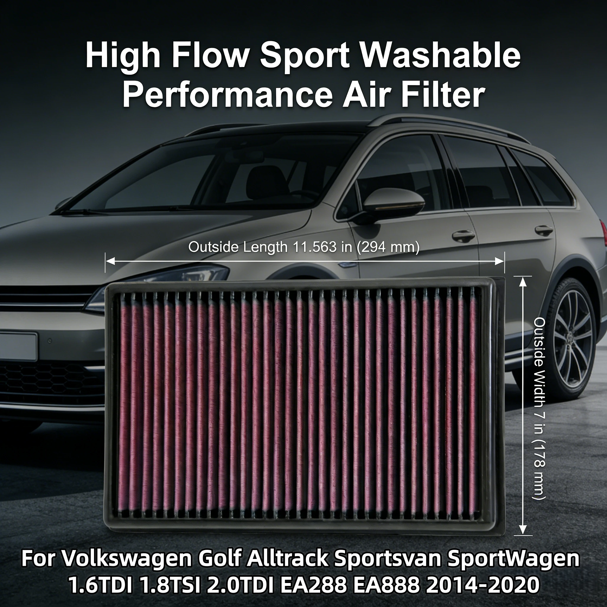 High Flow Performance Air Filter For Volkswagen Golf Alltrack Sportsvan SportWagen 1.6TDI 1.8TSI 2.0TDI EA288 EA888 2014-2020