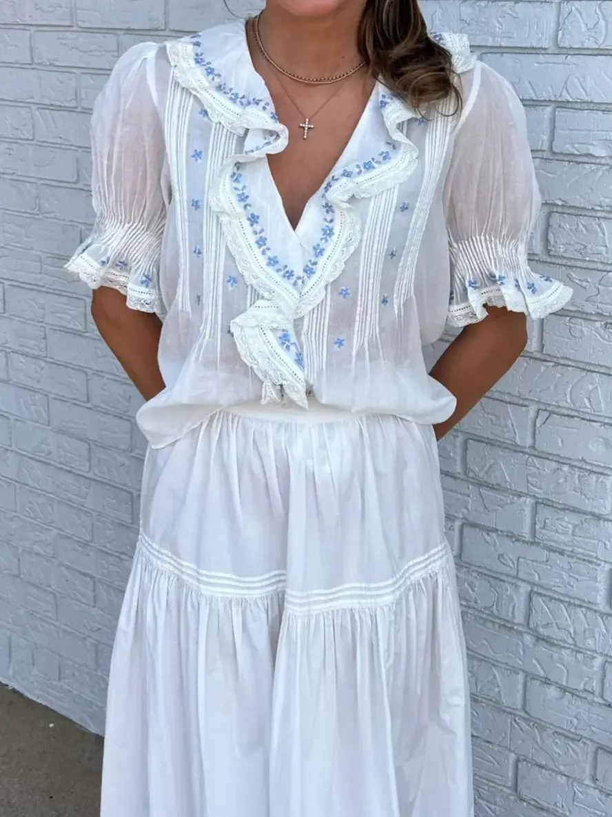 

Blue Floral Embroidery Women White Shirt Ruffles Spliced V-Neck Puff Sleeve Single Breasted Casual 100% Cotton Blouse Top