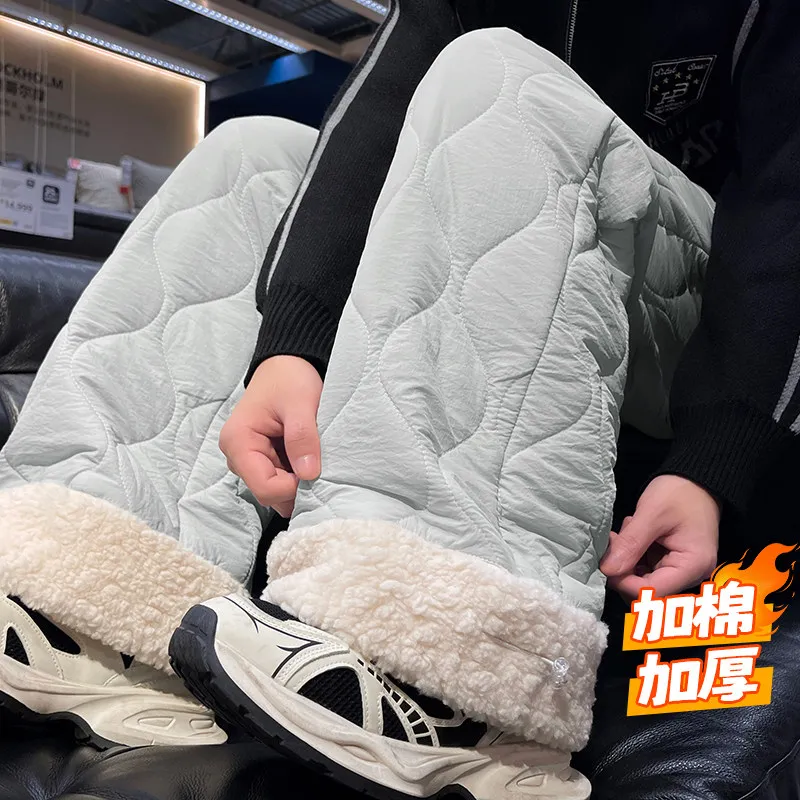 Men's Winter Cotton Trousers with Fleece  And Quilted Design Lamb Fur Warm Ski Pants Straight Leg Long Leisure Youthful view 3