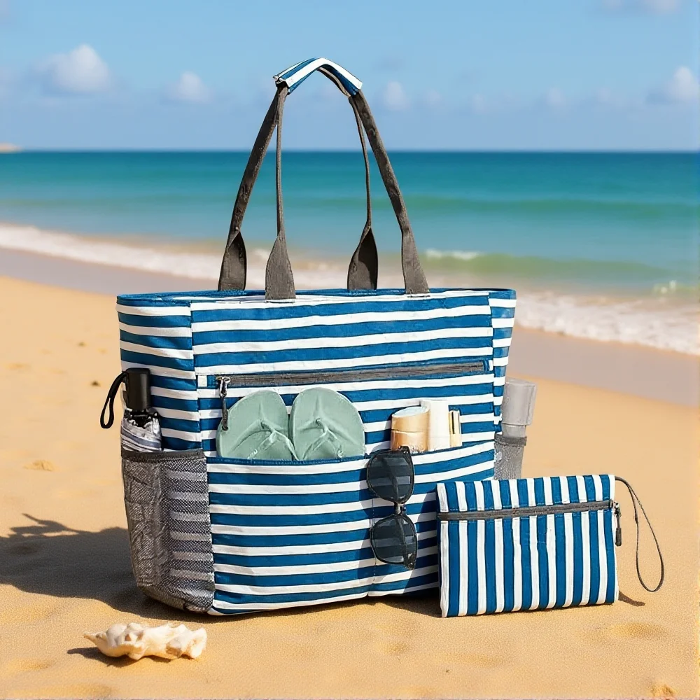 ﻿   2 قطعة حقيبة حمل الشاطئ مجموعة سعة كبيرة مقاوم للماء ساندبروف حقيبة شاطئية قابلة للطي حقيبة تخزين محمولة باليد