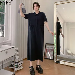 NYFS 2024 estate nuova corea donna vestito Vestidos Robe Elbise cotone Plus Size doppia tasca colletto Polo manica corta abiti lunghi