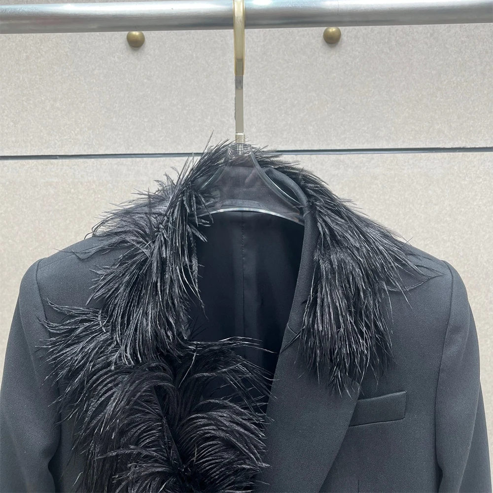 

Women's Wool-Blend Jacket with Ostrich-Fur Collar Y2K Style Patchwork Commuter Suit Top Elegant Early Spring New Arrival 2026