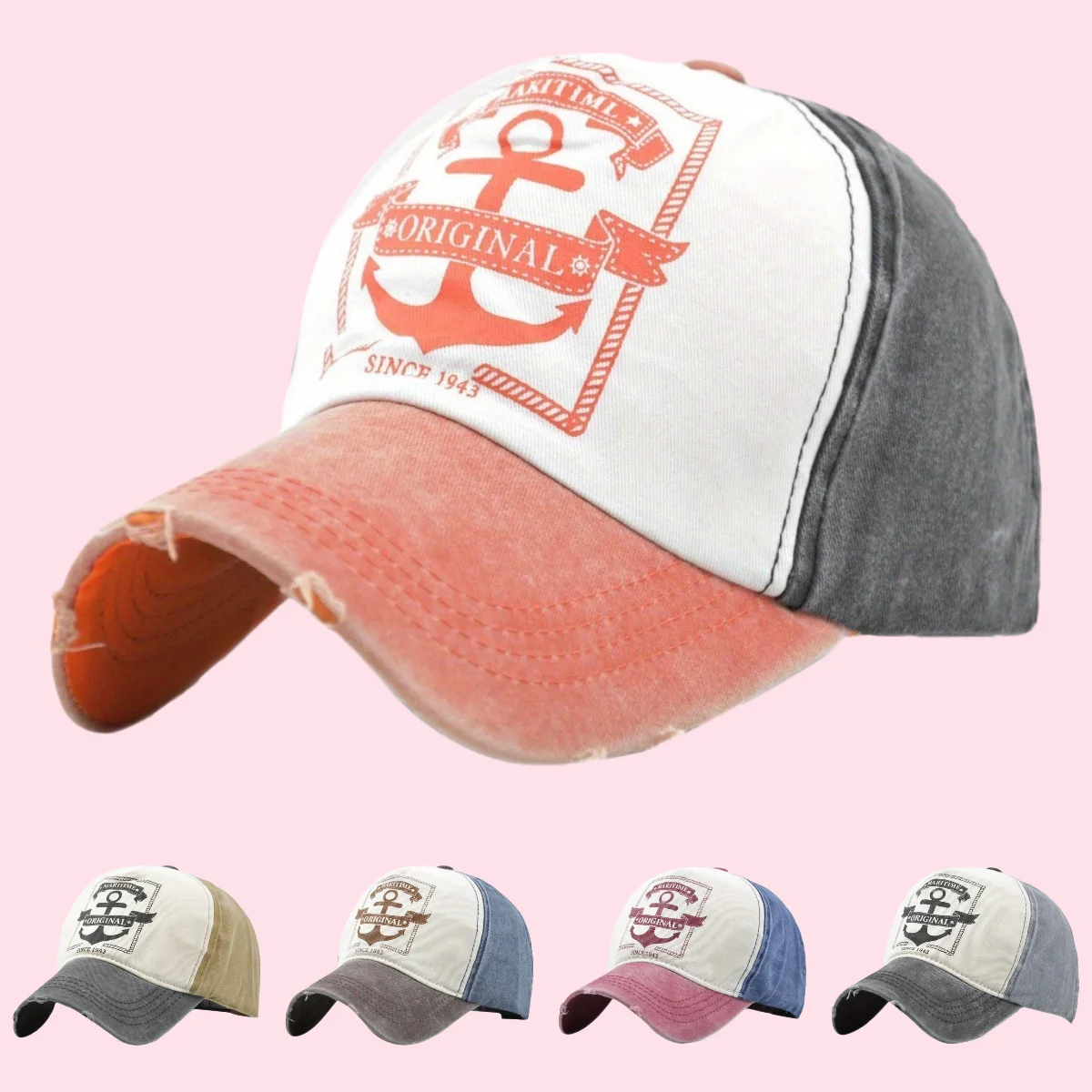 

Vintage Color Block Baseball Cap Distressed Letter Print Washed Soft Top Snapback Hat for Outdoor Sports & Casual Dad Style