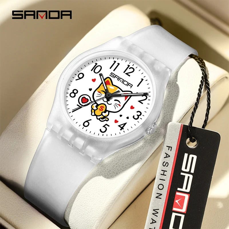 SANDA-Montre à quartz pour étudiants, montre-bracelet créative, dessin animé mignon, chat de richesse, bracelet en silicone pour garçons et filles, cadeau d'horloge, 6139