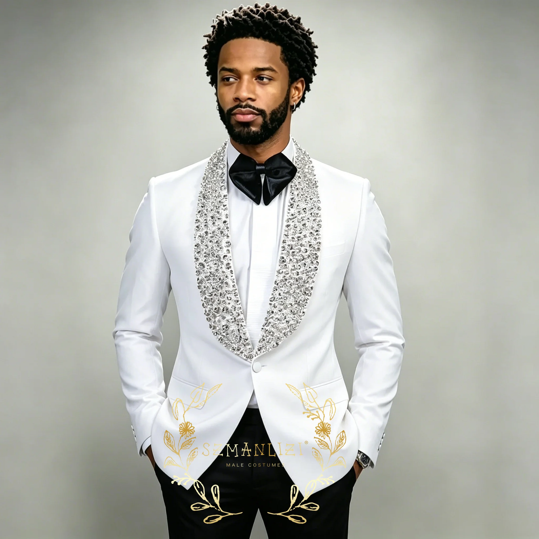 Luxury White Men's Suits Crystal Beads Slim Fit Wedding Groom Tuxedos Shawl Lapel Male Party Blazer Sets 2 Pieces Jacket Pants