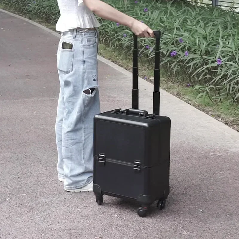 220V NEW Aluminum Alloy Trolley Makeup Box Large-capacity Portable Texture Tool Box Semi-color Professional Trolley Cosmetic Cas