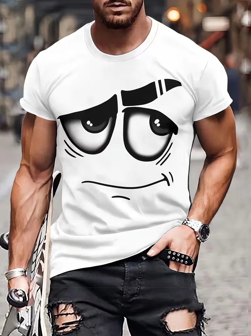 Mens T-shirt minimalist black line funny facial expression print short sleeve crew neck loose everyday fashion tee