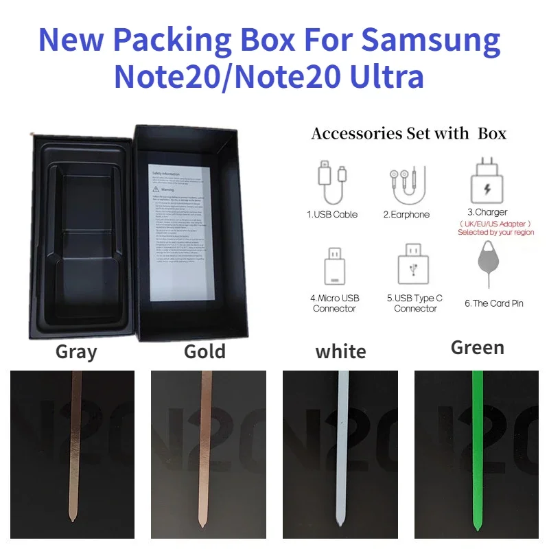 New Empty Retail Box For Samsung Note20 5G Note20 Ultra 5G Empty Box or with  Accessories Type-C Cable US/EU/UK 25W Wall Adapter